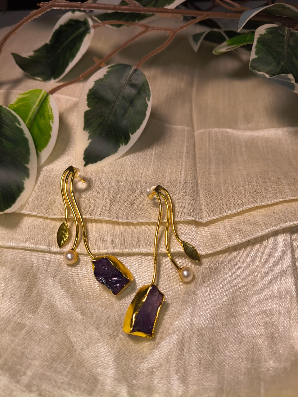 Gold-Plated Amethyst Stone &amp; Pearl Earrings
